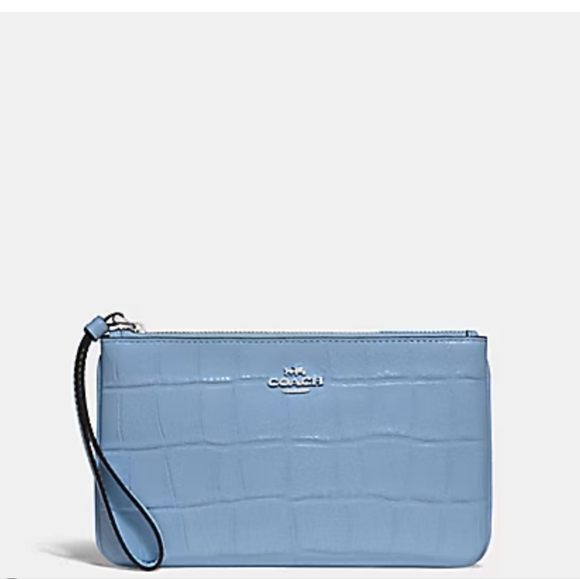 COACH F73377 Cornflower/Silver Croc Embossed Leather Large Wristlet VGUC - Picture 1 of 16